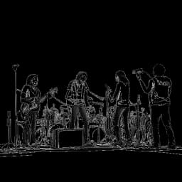 Drawing of a band, representing Tokio Hotel featuring Tom Kaulitz, performing on stage in front of a captivated crowd, against a white backdrop.