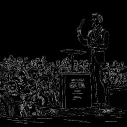 Line art of a man, representing Tom Kaulitz, advocating for animal rights in front of a large crowd, with a woman by his side symbolizing Heidi Klum, against a white backdrop.