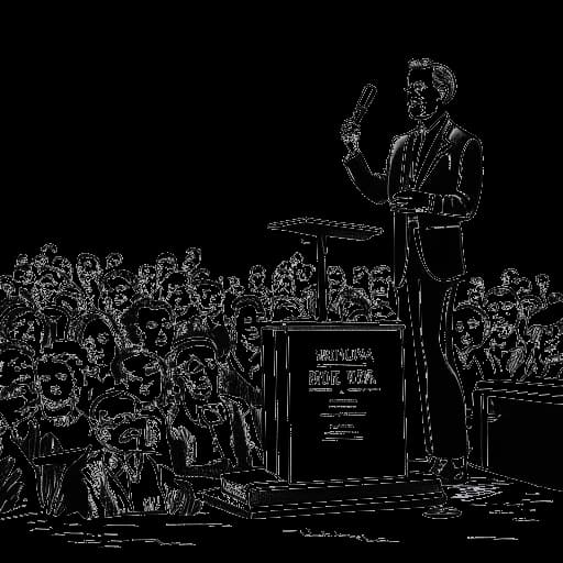 Line art of a man, representing Tom Kaulitz, advocating for animal rights in front of a large crowd, with a woman by his side symbolizing Heidi Klum, against a white backdrop.