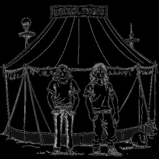 Line art drawing of Tom and Bill Kaulitz protesting the use of wild animals in circuses.