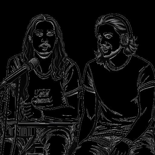 Line art drawing of Tom and Bill Kaulitz recording their podcast 'Kaulitz Hills – Senf aus Hollywood'.