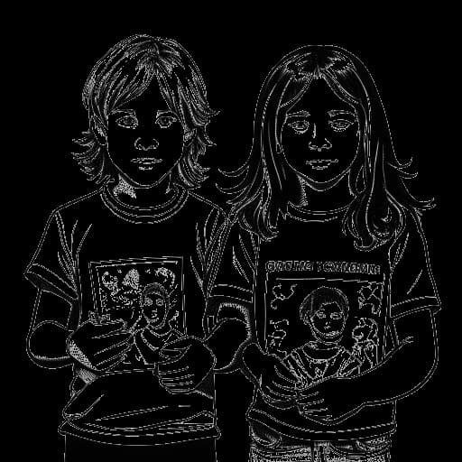 Line art drawing of Tom and Bill Kaulitz holding the album cover for 'Schrei'.