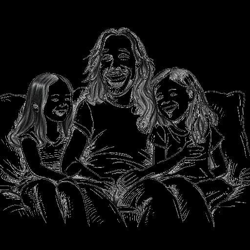 Line art drawing of Tom Kaulitz with Heidi Klum's children.