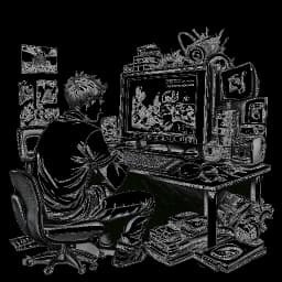 Un dibujo detallado de un hombre que representa a FaZe Banks, absorto en una pantalla de computadora con decoraciones de videojuegos a su alrededor, simbolizando su trayectoria desde un entusiasta de los videojuegos a una personalidad destacada en YouTube.