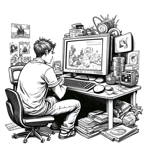 Un dibujo detallado de un hombre que representa a FaZe Banks, absorto en una pantalla de computadora con decoraciones de videojuegos a su alrededor, simbolizando su trayectoria desde un entusiasta de los videojuegos a una personalidad destacada en YouTube.