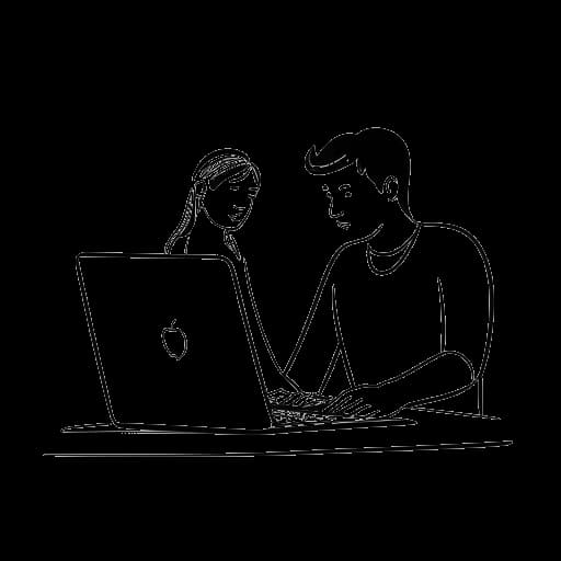 Line art drawing of a man and a woman, representing Richard Bengtson and Alissa Violet, holding hands and looking at a laptop screen, all against a white backdrop.