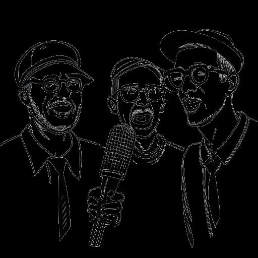 Line art drawing of a man, representing Richard Bengtson, holding a microphone, with two other men, one wearing a sailor's hat and the other wearing glasses, in the background, all against a white backdrop.
