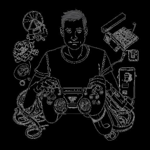 Line art drawing of a man, representing Richard Bengtson, holding an Xbox 360 controller and a screwdriver, surrounded by electronic components, all against a white backdrop.