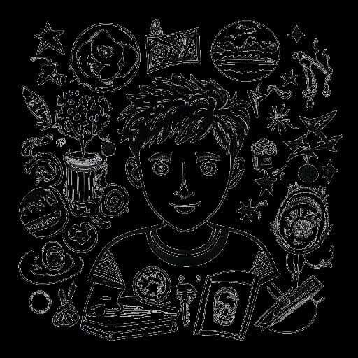 A minimalist black and white illustration representing Chris Chan's early life and challenges, with symbols of art and personal growth, encapsulating their journey through the late 80s and early 90s.