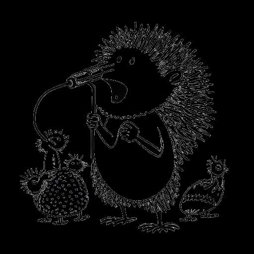 Lijntekening van een persoon, die Chris Chan voorstelt, die optreedt met cartoon egels.