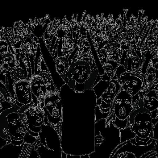 Lijntekening van een persoon, die Chris Chan voorstelt, omringd door fans.