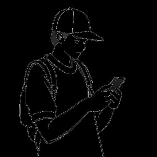 Lijntekening van een persoon, die Chris Chan voorstelt, die Pokémon Go speelt op hun smartphone.