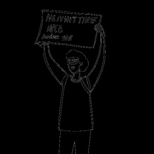 Lijntekening van een persoon, die Chris Chan voorstelt, die een protestbord vasthoudt.