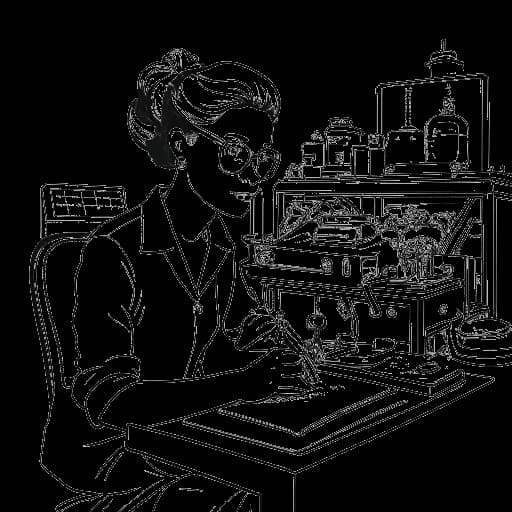 Line art drawing of Angela Merkel, representing her time as a physicist in East Germany.