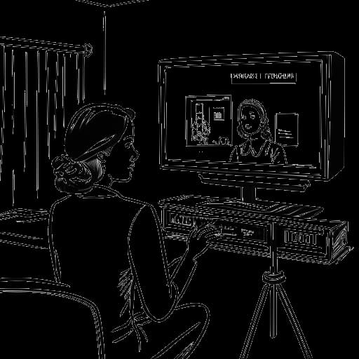 Line art drawing of Angela Merkel utilizing video podcasts for government communication.