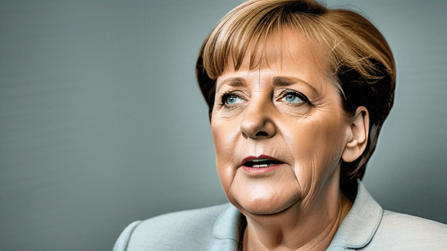 Image of Angela Merkel, former German Chancellor, smiling confidently in front of the federal chancellery building. She is dressed professionally in a blazer and dark blouse. There's an inspiration ambiance due to the natural light illuminating her face.