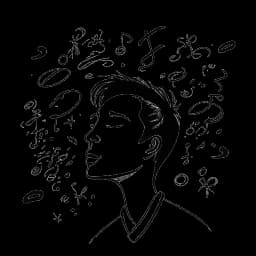 Dibujo de línea de un hombre, que personifica a William Gao, mirando con optimismo hacia el futuro, rodeado de notas musicales y máscaras teatrales, ilustrando sus pasiones gemelas, en un lienzo blanco.