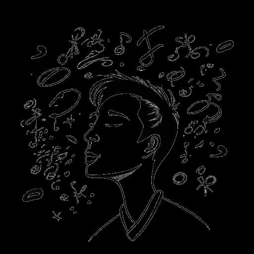 Dibujo de línea de un hombre, que personifica a William Gao, mirando con optimismo hacia el futuro, rodeado de notas musicales y máscaras teatrales, ilustrando sus pasiones gemelas, en un lienzo blanco.