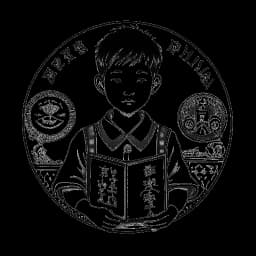 Dibujo de línea de un niño, representando a William Gao, con rasgos mixtos chinos e ingleses, sosteniendo un guion teatral frente al emblema de la Escuela Trinity, en un fondo blanco.