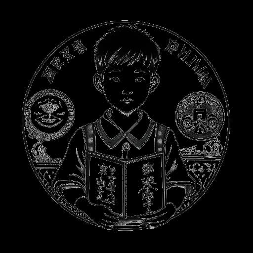 Dibujo de línea de un niño, representando a William Gao, con rasgos mixtos chinos e ingleses, sosteniendo un guion teatral frente al emblema de la Escuela Trinity, en un fondo blanco.