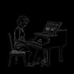 Dibujo de línea de un hombre, simbolizando a William Gao, tocando el piano y una mujer, emblemática de Olivia, cantando a su lado con el logo del 'Proyecto Wasia', todo representado en un fondo blanco.