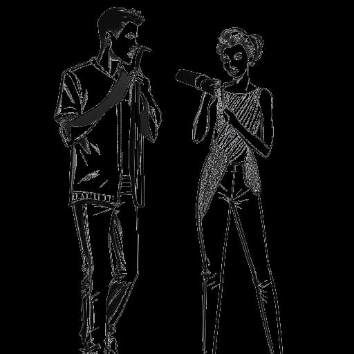 Line art drawing of a young man, representing William Gao, with a trendy haircut. He's gripping a microphone and a script, symbolizing his dual career in music and acting, while back to back with a fashion model, suggesting his modeling endeavors.