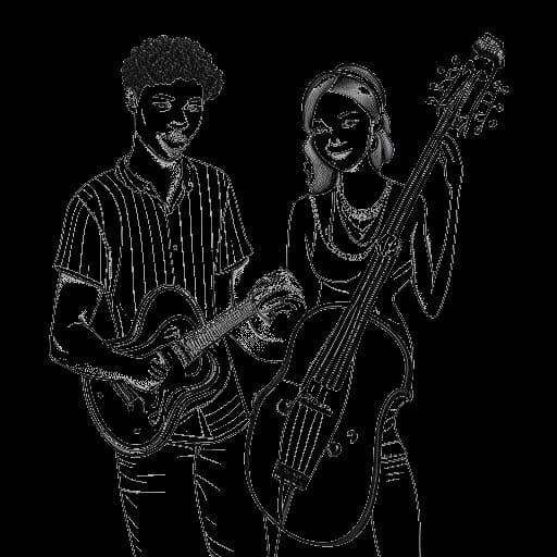 Line art drawing of a brother and sister, representing William Gao and Olivia, as the Wasia Project duo