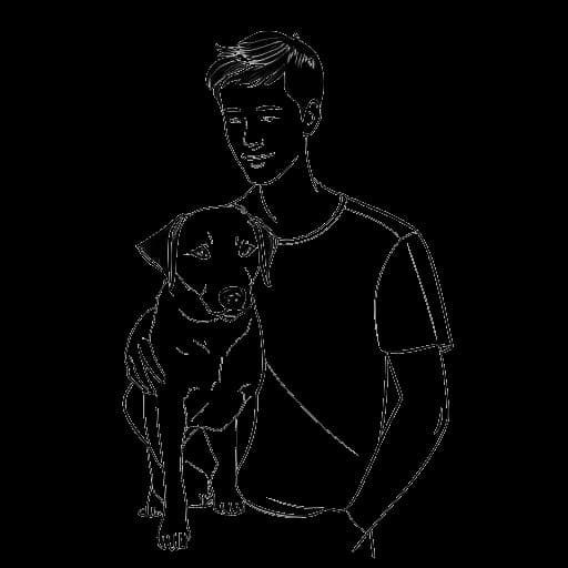 Line art drawing of a young man, representing William Gao, holding his dog Jessie