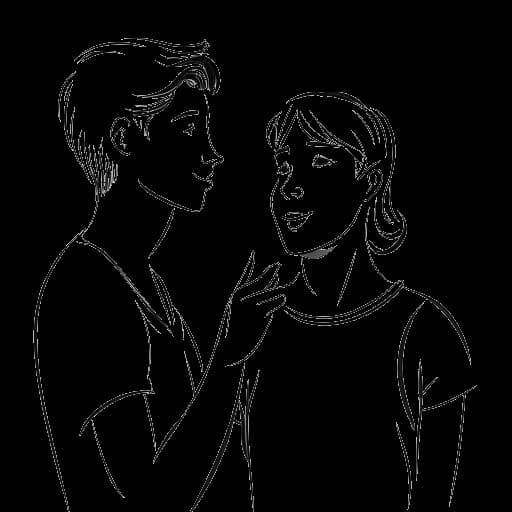 Line art drawing of a young man, representing William Gao, receiving guidance from his mother