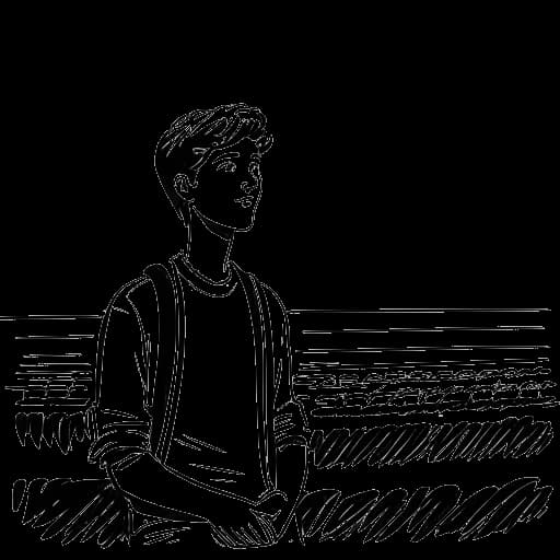 Line art drawing of a young man, representing William Gao, in a theater setting