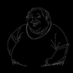 Boceto de un hombre jovial y corpulento con auriculares, representando a Yokozuna, capturando su naturaleza relajada y alegre lejos del ring de lucha, en un fondo blanco.