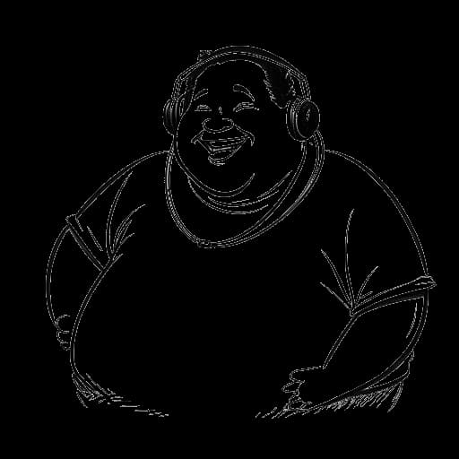 Boceto de un hombre jovial y corpulento con auriculares, representando a Yokozuna, capturando su naturaleza relajada y alegre lejos del ring de lucha, en un fondo blanco.