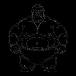 Dibujo de línea de un luchador dominante, representando a Yokozuna, sosteniendo de manera triunfante cinturones de campeonato, simbolizando su ascenso a la fama y éxito en la lucha libre, en un fondo blanco.