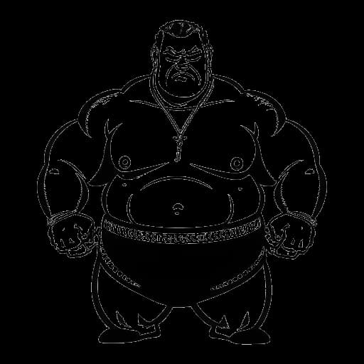 Dibujo de línea de un luchador dominante, representando a Yokozuna, sosteniendo de manera triunfante cinturones de campeonato, simbolizando su ascenso a la fama y éxito en la lucha libre, en un fondo blanco.