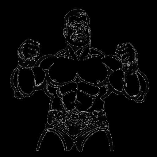 Rappresentazione in line art di Yokozuna, un wrestler colossale con una cintura del campionato, simboleggiante il suo successo professionale e guadagni, ambientata su uno sfondo di simboli del dollaro, riflettendo il suo patrimonio netto stimato.