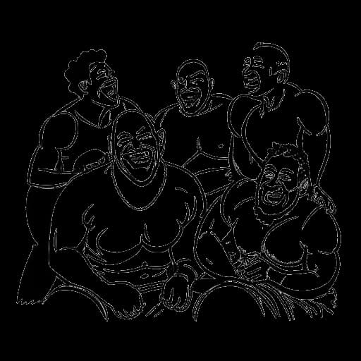Disegno in bianco e nero di un grande wrestler, rappresentante Yokozuna, che ride e scherza con altri wrestler dietro le quinte, su sfondo bianco
