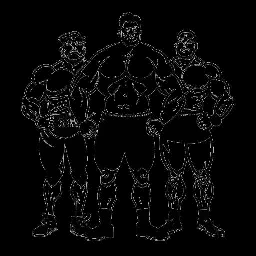 Disegno in bianco e nero di un grande wrestler, rappresentante Yokozuna, che sta con Owen Hart, British Bulldog e Vader, con 'Camp Cornette' scritto sopra di loro, su sfondo bianco