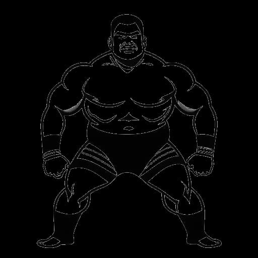 Disegno in bianco e nero di un grande wrestler, rappresentante Yokozuna, in un ring con una bandiera giapponese sullo sfondo, su sfondo bianco