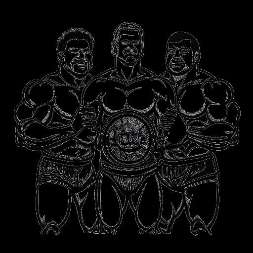 Disegno in bianco e nero di tre grandi wrestler, rappresentanti Yokozuna, Fatu e Samoan Savage, che tengono una cintura UWA World Trios Championship, su sfondo bianco