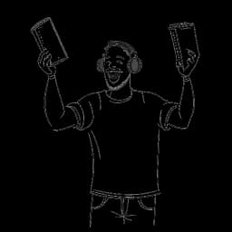 Strichzeichnung eines Mannes, der Laserluca darstellt, der freudig zwei Bücher hebt und mit einem Mikrofon in der Nähe, seine Erfolge und seinen Podcast symbolisiert, vor einem weißen Hintergrund.