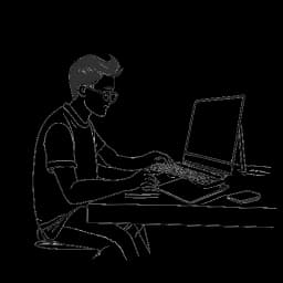 Strichzeichnung eines Mannes, der Laserluca darstellt, wie er ein großes Buch studiert und gleichzeitig ein Video bearbeitet, vor einem weißen Hintergrund.