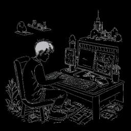 Einzeilige Kunst eines Teenagers, der den jungen Laserluca darstellt, vertieft in das Spielen von Minecraft, umgeben von digitalen Landschaften vor einem weißen Hintergrund.