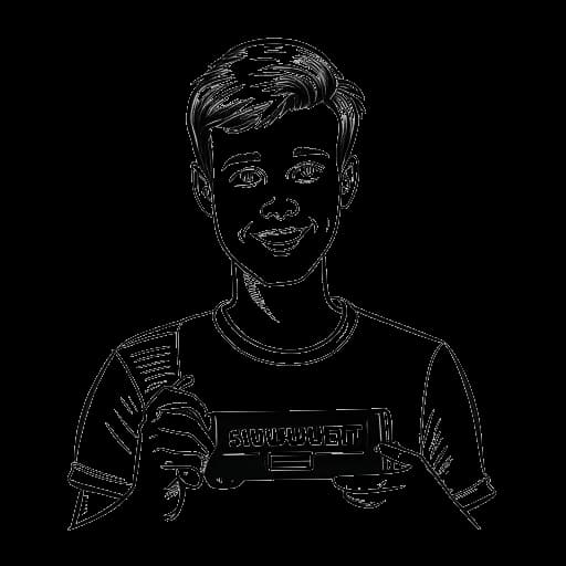 Strichzeichnung eines jungen Mannes, der Laserluca darstellt, einen Filmpreis und einen Videospiel-Controller haltend, mit den Wörtern 'Umweltpolizei' und 'Virtual Bundesliga' im Hintergrund