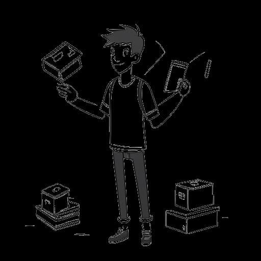 Strichzeichnung eines jungen Mannes, der Laserluca darstellt, der Bücher und eine Videokamera jongliert, im Hintergrund das Minecraft-Logo