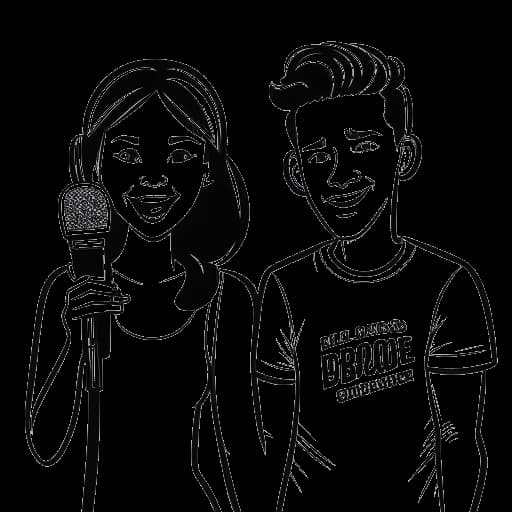 Strichzeichnung eines jungen Mannes und einer Frau, die Laserluca und Sandra Safiulov darstellen, Mikrofone haltend, mit den Worten 'Dick & Doof' im Hintergrund