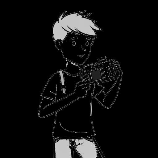 Strichzeichnung eines jungen Mannes, der Laserluca darstellt, eine Videokamera haltend, mit einem Minecraft-Logo und der Zahl 2013 im Hintergrund