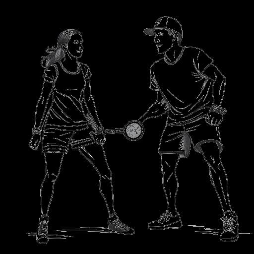 Strichzeichnung eines jungen Mannes, der Laserluca darstellt, der mit einer weiblichen Content-Erstellerin Paddel-Tennis spielt