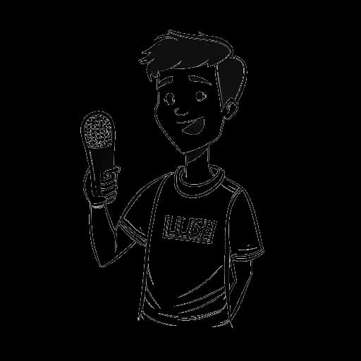 Strichzeichnung eines jungen Mannes, der Laserluca darstellt, ein Mikrofon haltend, mit einem Minecraft-Logo und den Worten 'LuSa' im Hintergrund