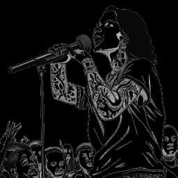 Desenho em arte linear de Kehlani se apresentando em um palco com uma plateia vibrante ao fundo.