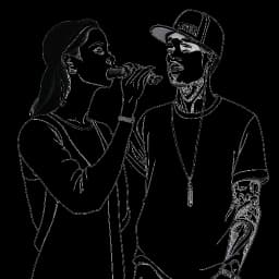 Desenho em arte linear de Kehlani e Justin Bieber lado a lado, segurando microfones e cantando juntos.